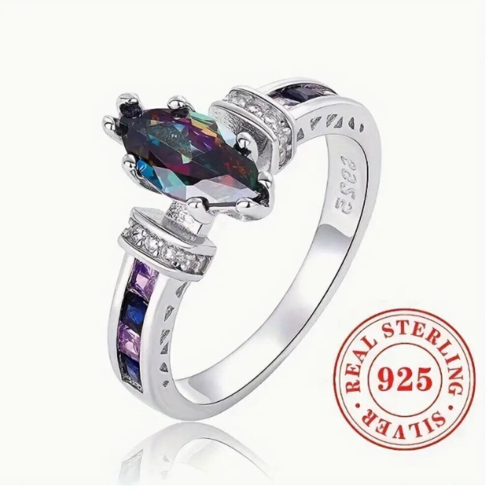 925 Silver Mystic Topaz Amethyst Sapphire Halo Marquise Ring Size 6